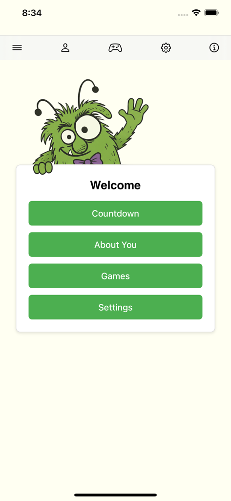 Days until my birthday - Tela de boas-vindas do aplicativo Dias até o meu aniversário, apresentando um monstro verde amigável e botões do menu principal