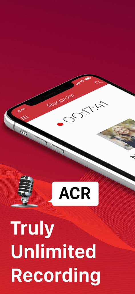 Call Recorder plus ACR - Smartphone screen showing Call Recorder plus ACR app interface with unlimited recording feature and call timer.