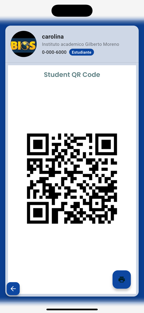 BS Educativo - Una pantalla de aplicación móvil que muestra el código QR de un estudiante, su nombre e información escolar dentro de la aplicación BS Educativo.
