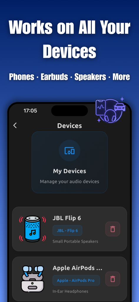 SoundCare: Speaker Cleaner - Interfaz de la aplicación SoundCare que muestra la pantalla de Dispositivos con una lista de hardware de audio gestionado, incluyendo un altavoz portátil y auriculares inalámbricos