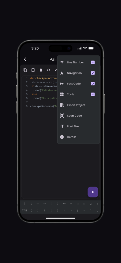 Python‎ Compiler - Interfaccia dell'app Compilatore Python che mostra il menu delle impostazioni dell'editor e la tastiera di codifica personalizzata su un iPhone