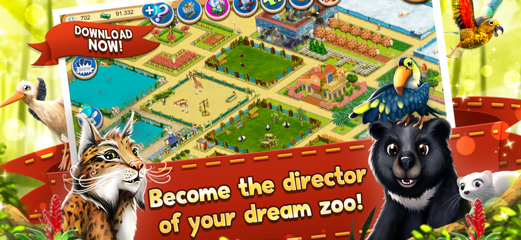 My Free Zoo Mobile - Gameplay screen of My Free Zoo Mobile showing various animal enclosures and zoo management options