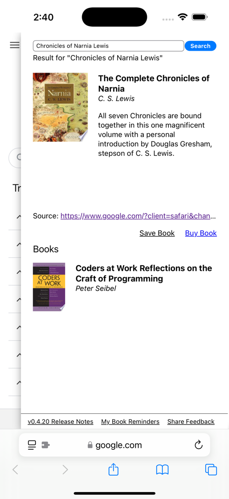 BookFinder: Smart Reading List - BookFinder Safari extension search results for Chronicles of Narnia with a saved books list.