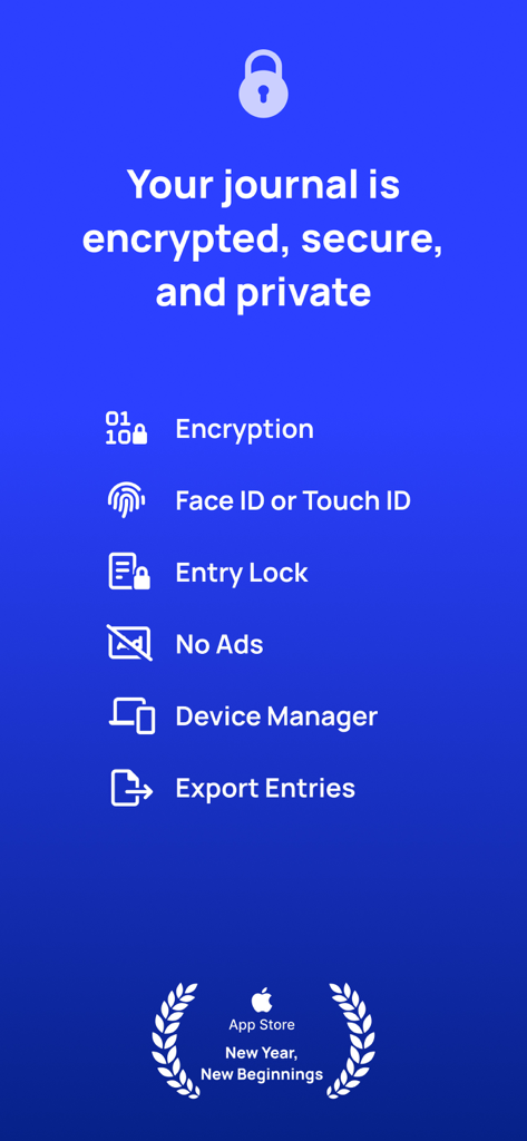 Clearful - Journal & Diary - Clearful journal app screen highlighting privacy and security features like encryption and Face ID.