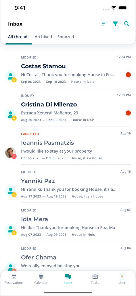 Hostaway app inbox screen showing guest message threads and booking inquiries from multiple rental platforms.