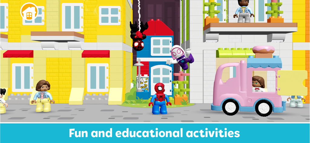 Spider-Man and his friends in a colorful LEGO DUPLO city with an ice cream truck