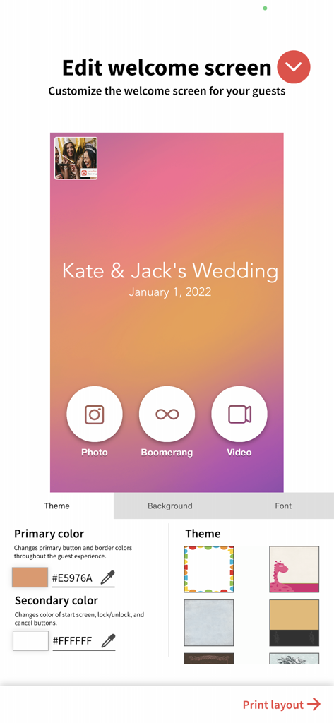 LumaBooth Event Photo Booth - Interface for customizing a photo booth welcome screen with wedding theme options