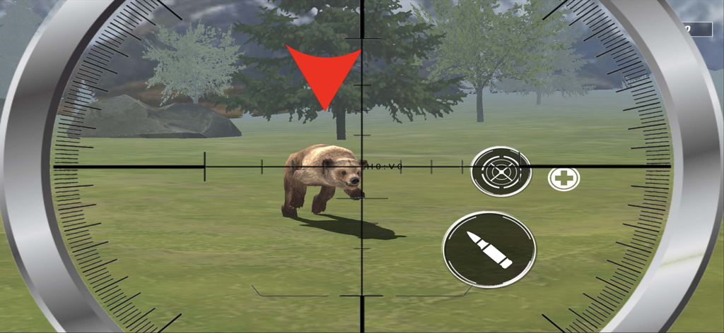 Animal Hunter 3d Hunting Clash - Vista de mira de francotirador en primera persona apuntando a un oso en Animal Hunter 3d Hunting Clash