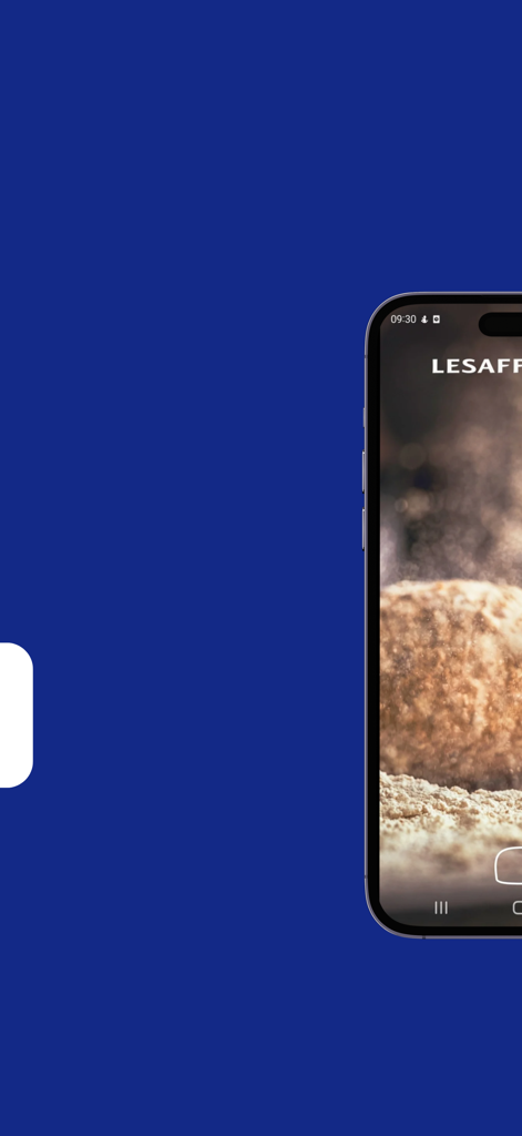 Smartphone screen displaying the Lesaffre and Me app with a photo of flour being dusted over artisan bread dough