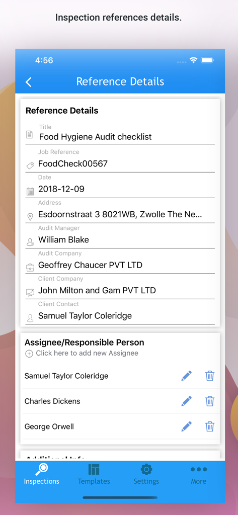 Interface of OnSite Checklists app showing audit reference details including manager names and assigned personnel