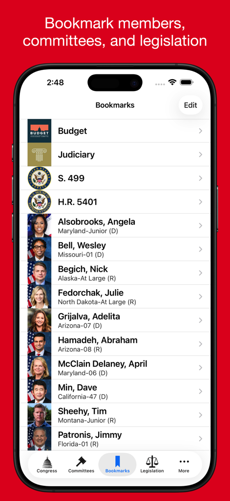 Congress Pro - iPhone screenshot of the Congress Pro app Bookmarks screen showing a list of saved committees, legislative bills, and members of Congress with profile photos.