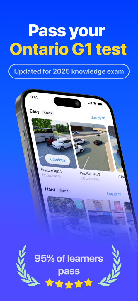 Ontario G1 Practice Test Genie - Ontario G1 Practice Test Genie app home screen showing easy and hard practice levels