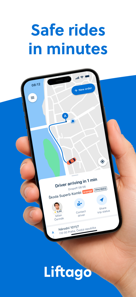 Liftago: Travel safely - Liftago mobile app showing a driver arriving in one minute with real time tracking on a map