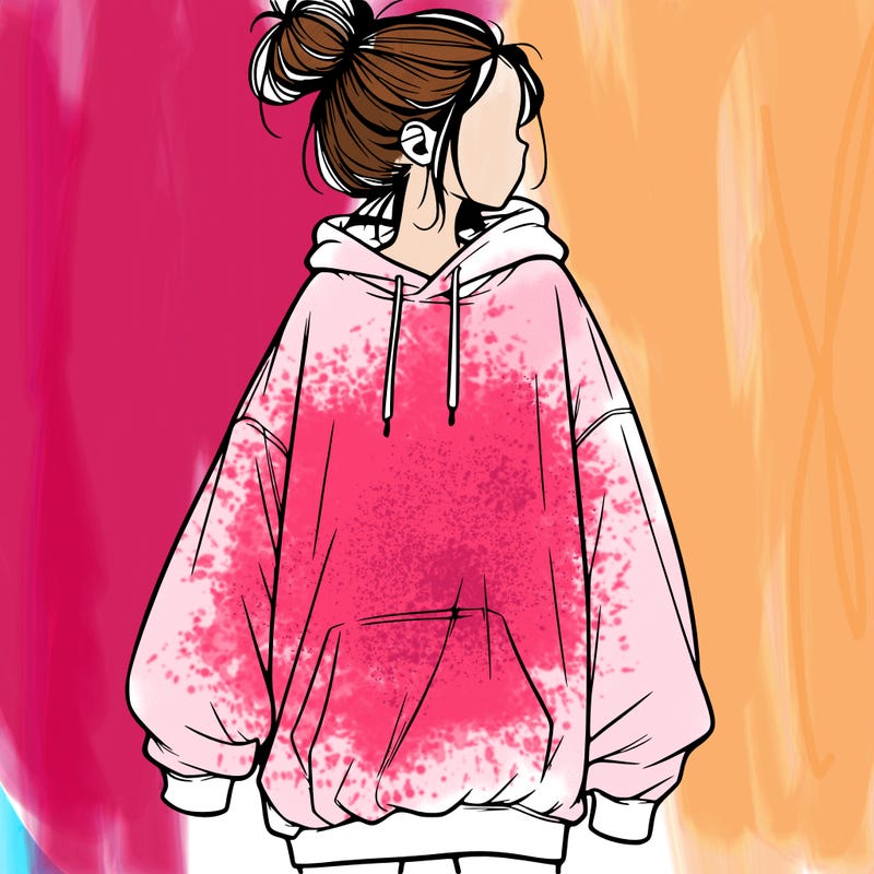realistic girl with a oversized sweatshirt on and a bun