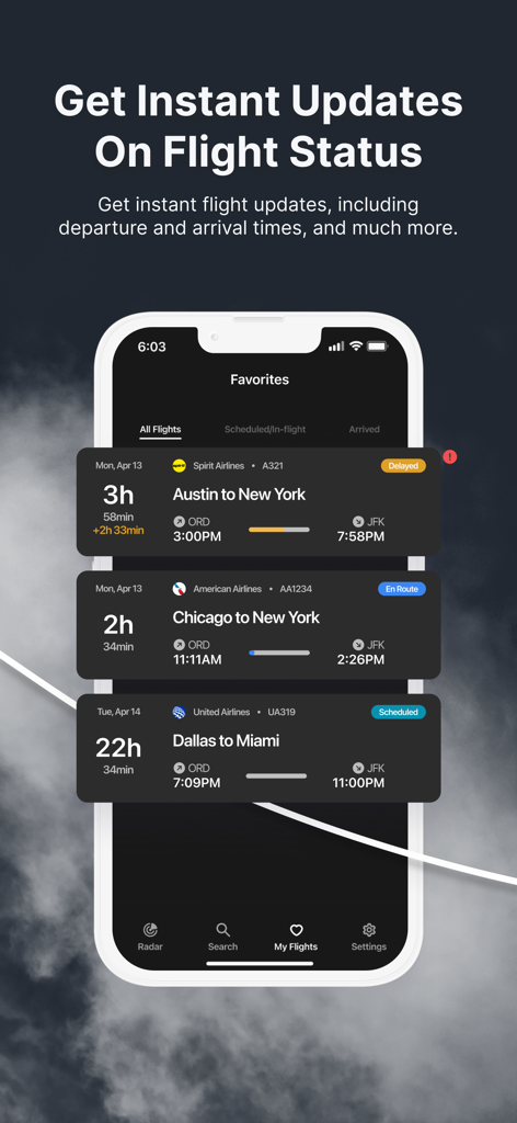 출발 및 도착 시간을 포함한 실시간 항공편 현황 업데이트를 표시하는 모바일 앱 인터페이스