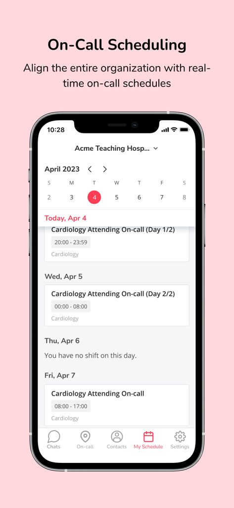 Hypercare-Messaging & On-Call - Hypercare app interface displaying on-call scheduling for a cardiology attending physician with a monthly calendar and shift details.