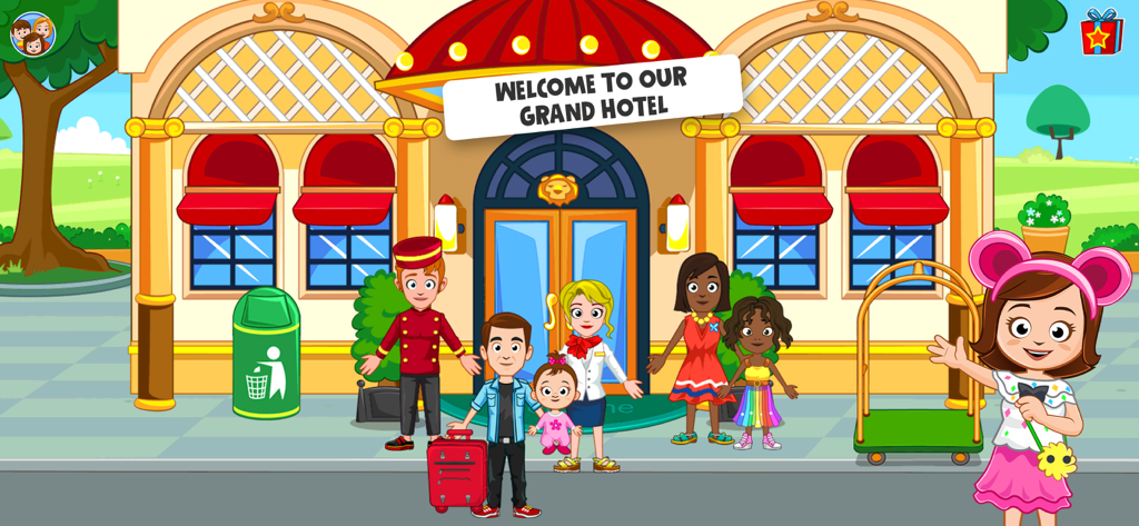 Cartoon-Figuren, darunter ein Portier und eine Familie, die vor dem Eingang des My Town Grand Hotels stehen