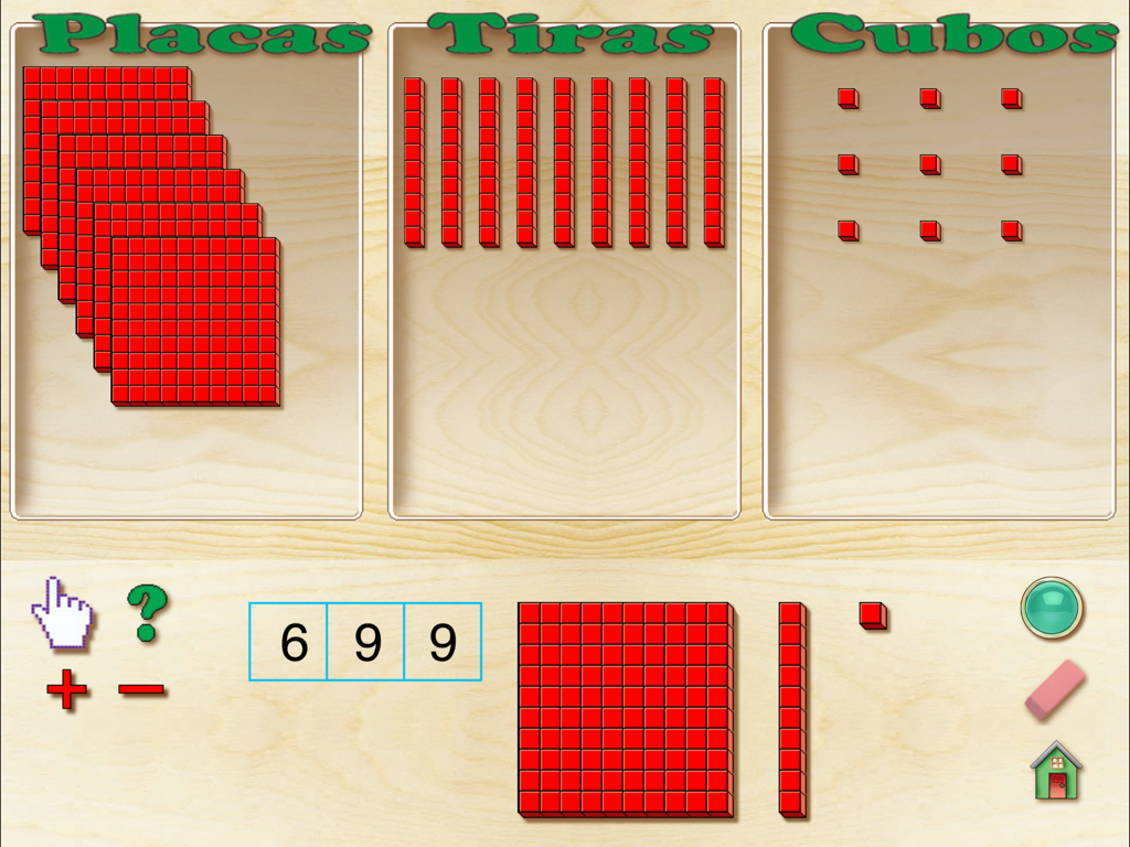 Base Ten Blocks ES - Una herramienta digital de aprendizaje de matemáticas en español que utiliza bloques de base diez para representar el número 699.