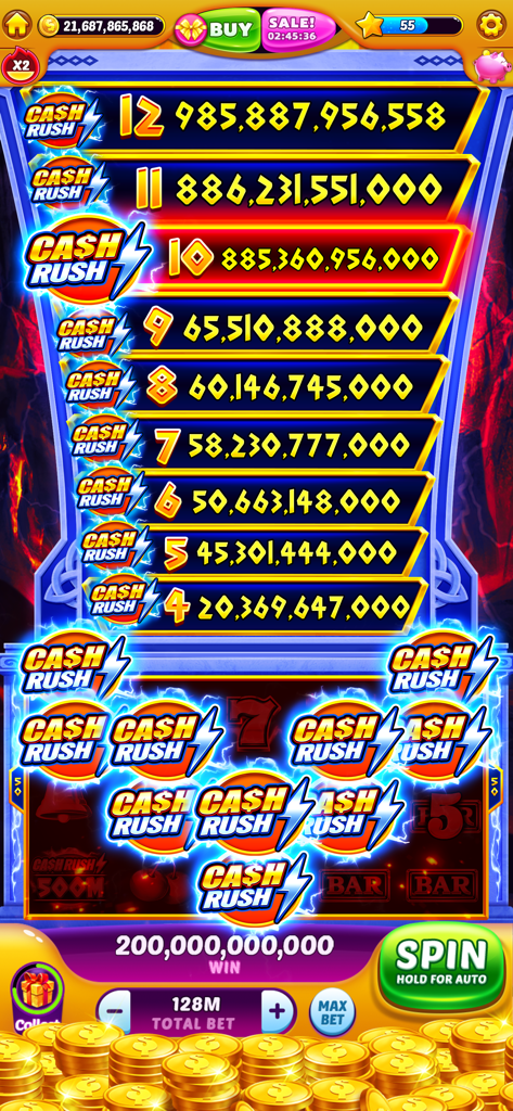 A mobile gameplay screen of Jackpot Master Slots showing a massive coin win and the Cash Rush jackpot ladder.