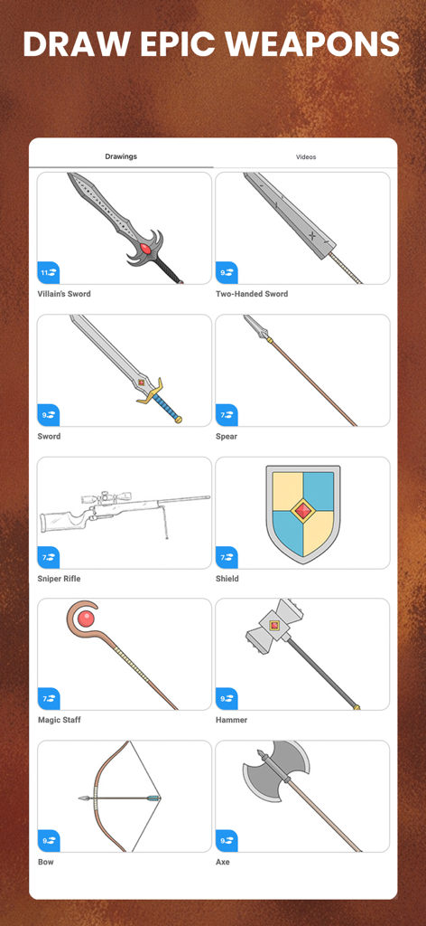 How to draw Weapons by Steps - A collection of step-by-step weapon drawing tutorials featuring swords a sniper rifle and fantasy gear