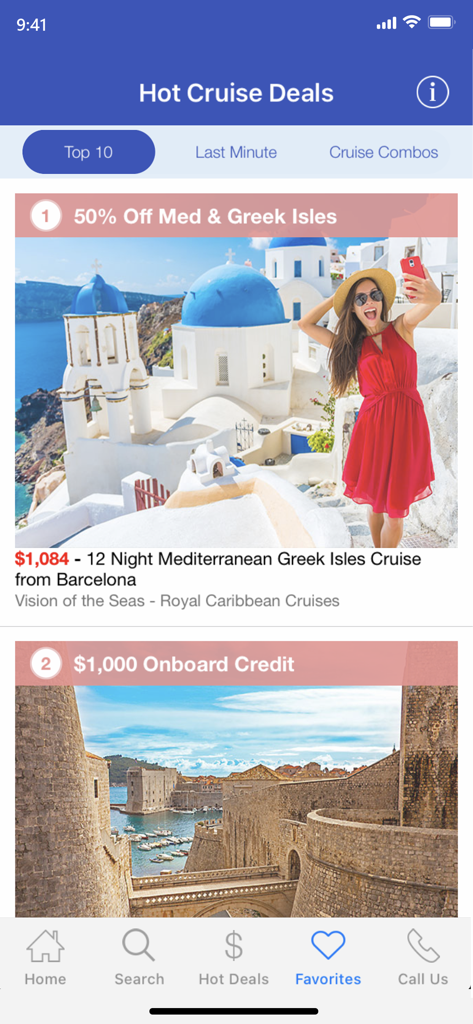 Cruise Finder by iCruise.com - Cruise Finder app showing hot deals for Mediterranean and Greek Isles cruises