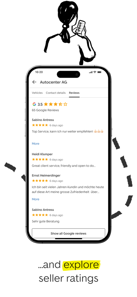 Écran de smartphone affichant les notes des concessionnaires automobiles et les avis clients dans l'application AutoScout24