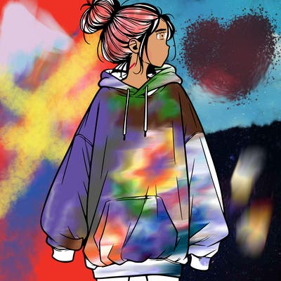 realistic girl with a oversized sweatshirt on and a bun