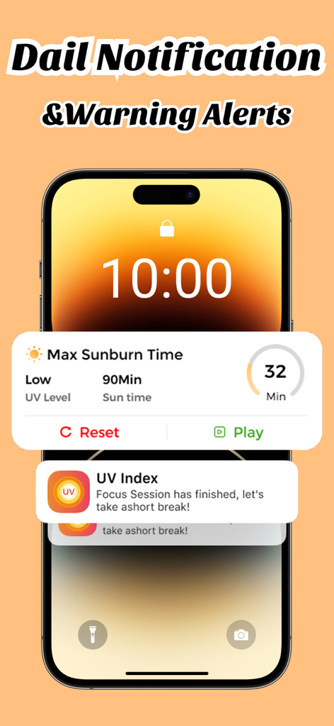 SunAware: UV Index, Tanning - iPhone lock screen displaying SunAware app notifications for UV index alerts and a sunburn timer widget