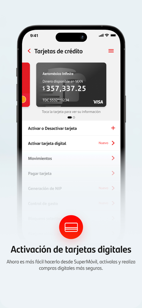Interfaz de la aplicación móvil Santander SuperMóvil para la gestión de tarjetas de crédito y activación de tarjetas digitales.