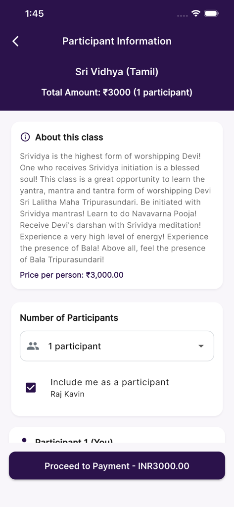 Alpha Mind Power - Pantalla de registro y pago de clases para meditación Srividya dentro de la aplicación Alpha Mind Power mostrando detalles del participante y costo.