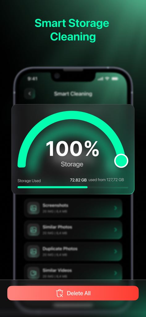AIClean: Photo Storage Cleaner - AIClean app interface showing the smart storage cleaning dashboard and phone memory status