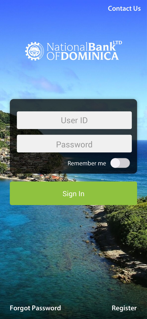 NBD MoBanking - NBD MoBanking app login screen featuring user ID and password input fields with a scenic coastal background of Dominica