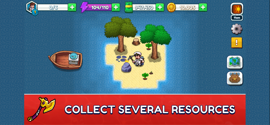 Nautical Life 2: Fishing RPG - Character mining for resources on a small island in Nautical Life 2