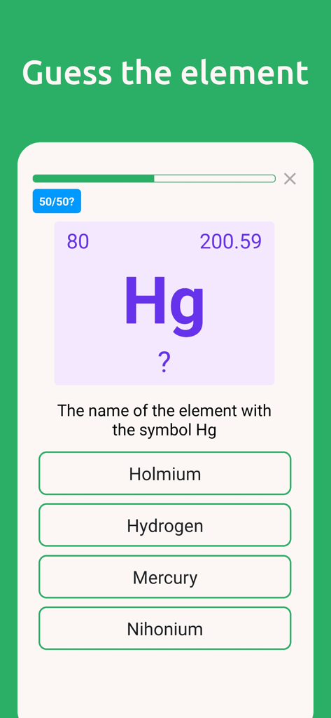 A multiple choice chemistry quiz screen asking the user to identify the element Mercury based on the symbol Hg