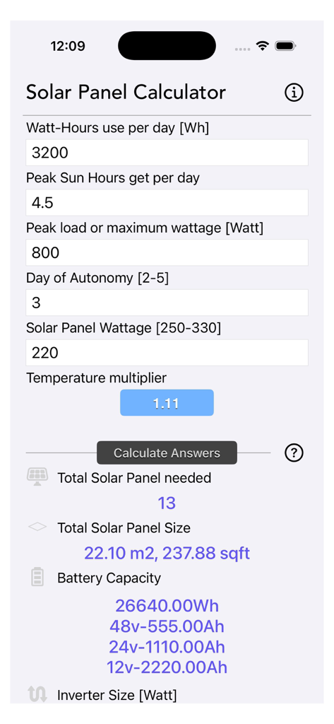 Solar Panel Calculator Plus - Oberfläche der Solarrechner Plus App, die technische Eingaben und berechnete Ergebnisse für die Planung netzunabhängiger Solarsysteme anzeigt.