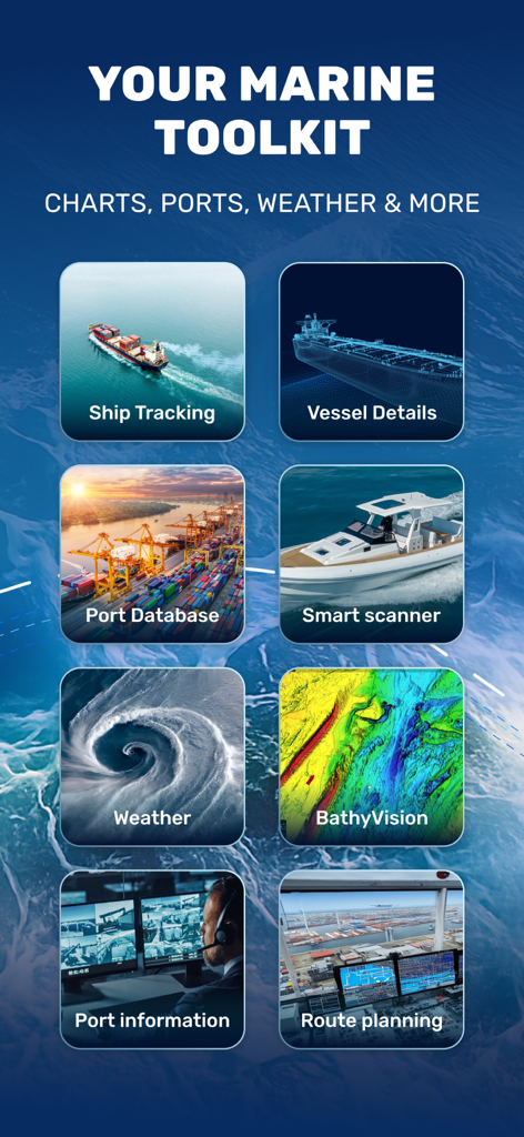 Marine Traffic ：Ship Tracker - A promotional screen for Marine Traffic Ship Tracker app showing features like ship tracking, port database, weather, and route planning.