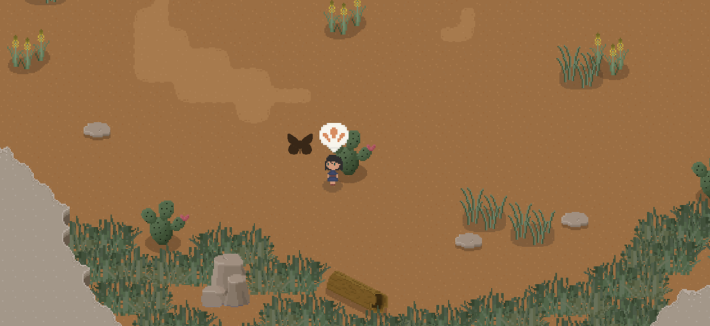 Un personaggio pixel art incontra una farfalla in un ambiente desertico nel gioco Bug and Seek.