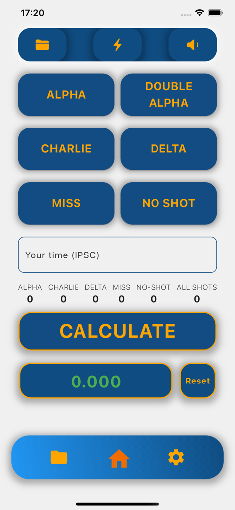 IPSC Calculator app interface with scoring buttons and Hit Factor calculation