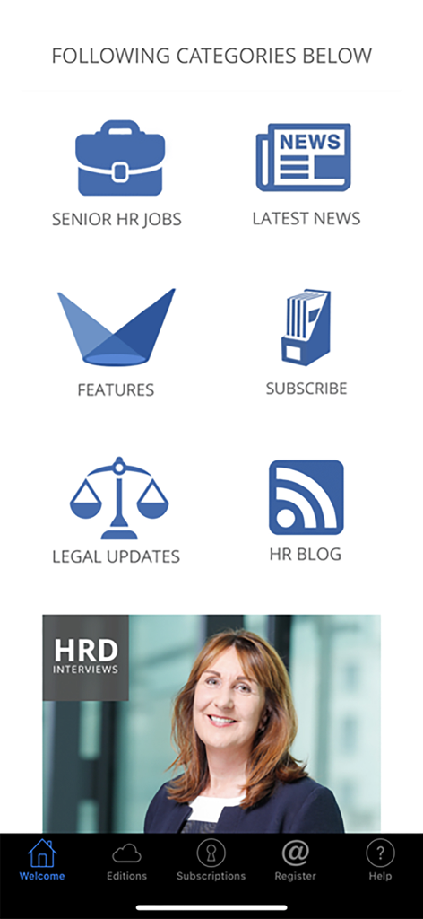 theHRDIRECTOR - theHRDIRECTOR app dashboard showing menu categories for senior hr jobs news legal updates and features