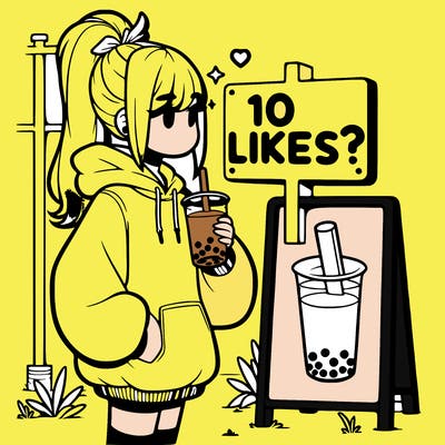 girl with oversized hoodie drinking boba and she has a high ponytail with a sign that says 10likes?