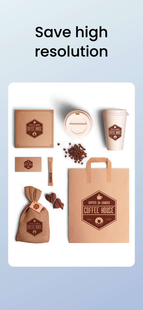 Logo Maker, Design Creator. - Coffee house branding materials including cups and bags with custom logos