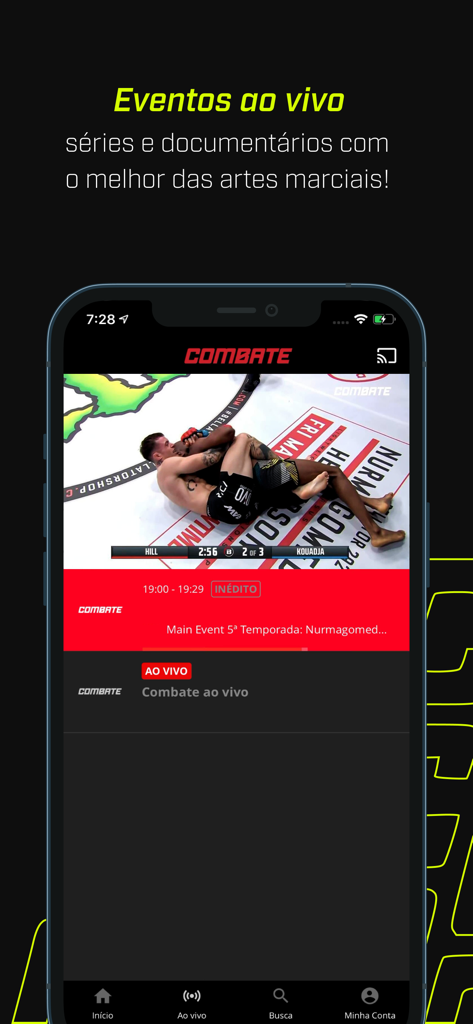 Combate Play - Interface do aplicativo Combate Play mostrando uma luta de MMA ao vivo na tela de um smartphone