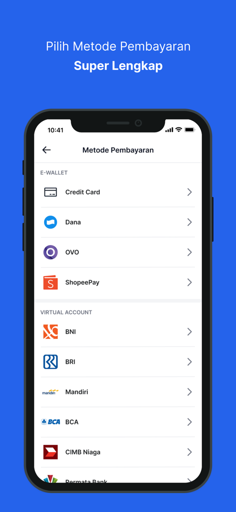 bekasku - Un'interfaccia mobile dell'app bekasku che mostra varie opzioni di pagamento sicure, inclusi portafogli digitali e conti bancari virtuali.