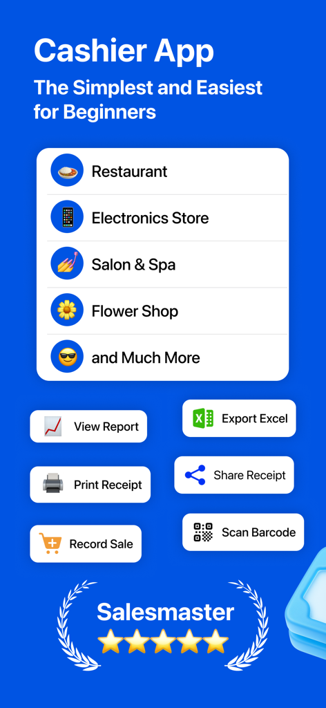 Salesmaster app interface showing POS features for small businesses like restaurants and salons.