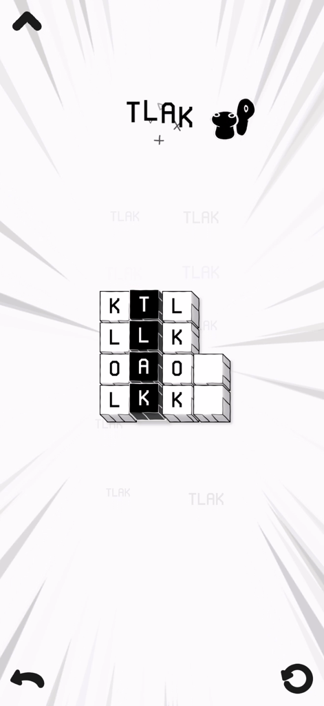 LOK Digital - Una cuadrícula de puzzle minimalista en blanco y negro en LOK Digital que muestra una mecánica de casillas con letras dibujadas a mano.