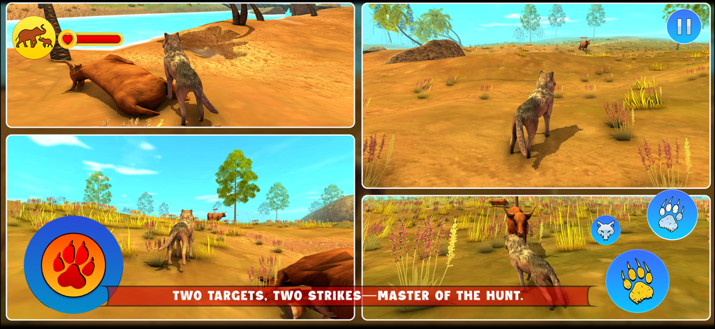 Wolf Simulator: Wild Craft RPG - Wolf Simulator Wild Craft RPGのゲームプレイ画面は、オオカミが3Dサバンナで狩りをしたり探検したりする様子を示している。