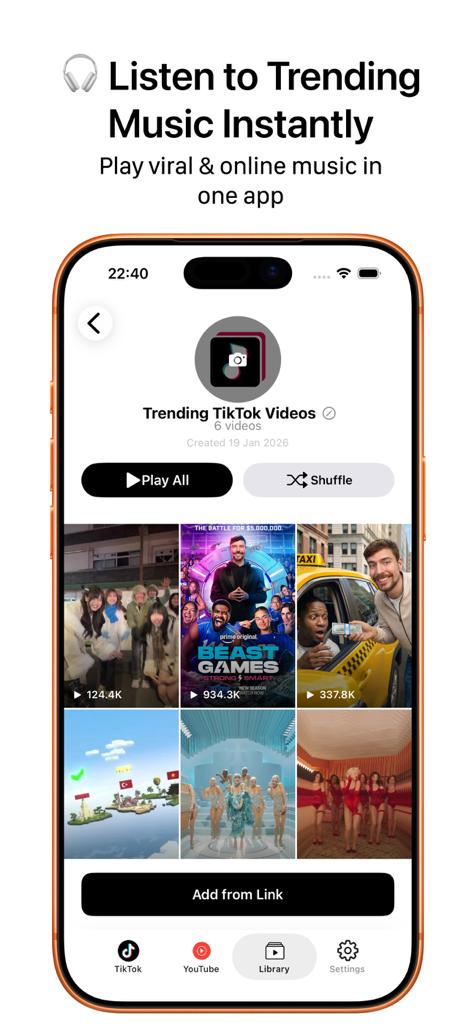 PlayListic: Background Player - PlayListic mobile app interface showing a playlist of trending TikTok videos with background play options