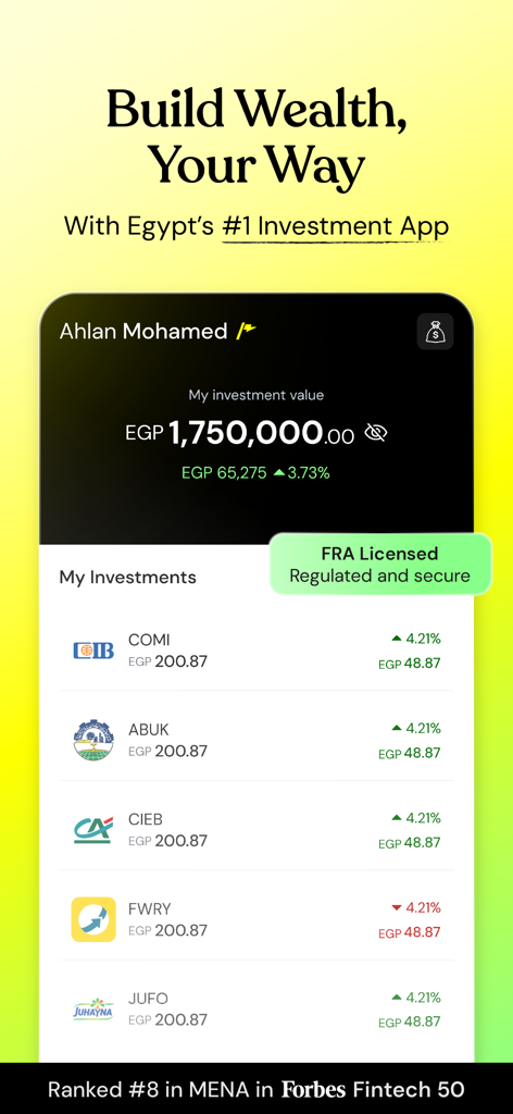 Panel de control de la aplicación de inversión Thndr que muestra una cartera de acciones egipcias