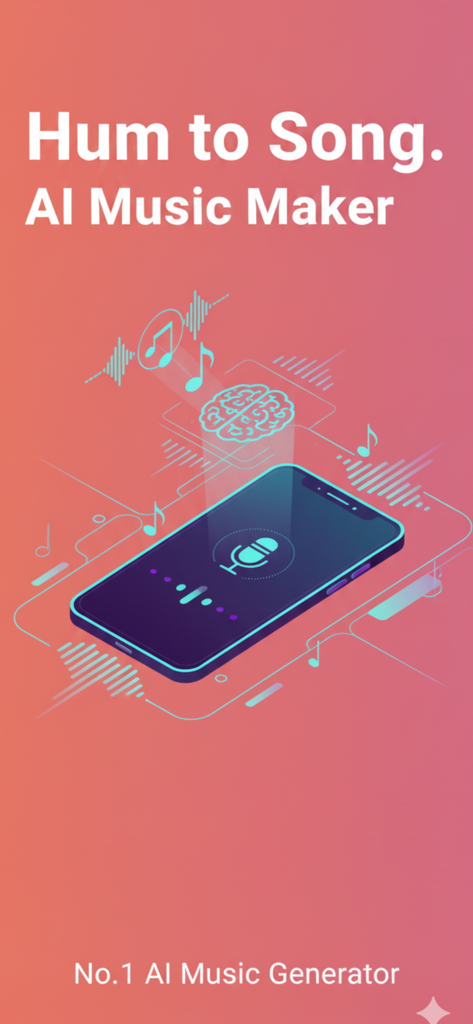 HumToSong - HumToSong app splash screen displaying the text Hum to Song AI Music Maker with a digital representation of a smartphone and musical waveforms