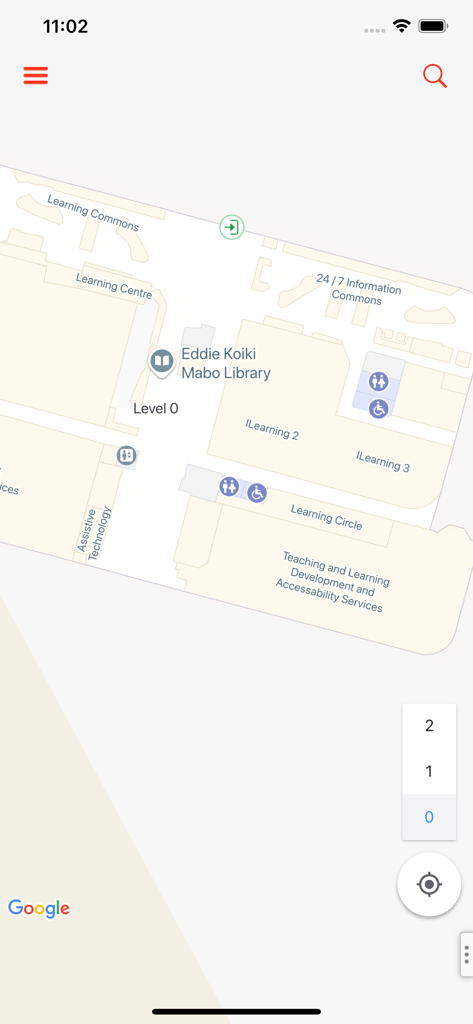 JCUNav app interface showing an indoor floor plan of the Eddie Koiki Mabo Library